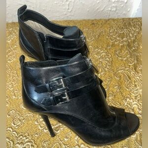 Michael Kors, black leather open toed booties with buckle 8M